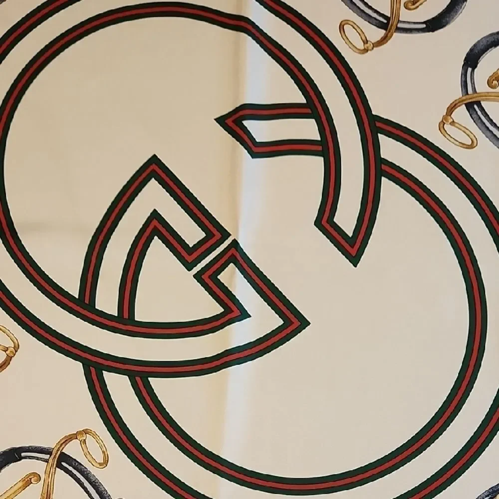 Gucci Cream and Navy Silk Scarf with Gold Details